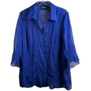 Maggie Barnes Sheer Blue Womens Blouse 14/16 Lightweight Tunic 3/4 Ruffle Sleeve